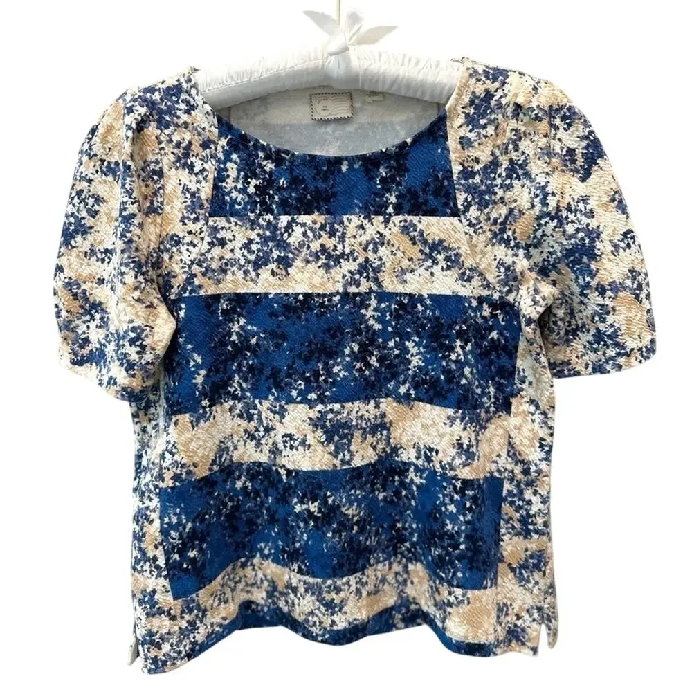 ANTHROPOLOGIE Blue Cream Puff Sleeve Knit Top Floral Stripe Coastal | Small